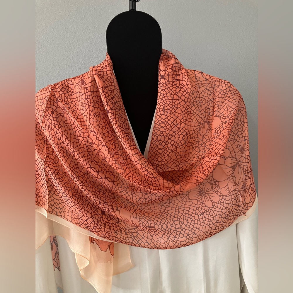 100% silk scarf shawl wrap red geometric floral print